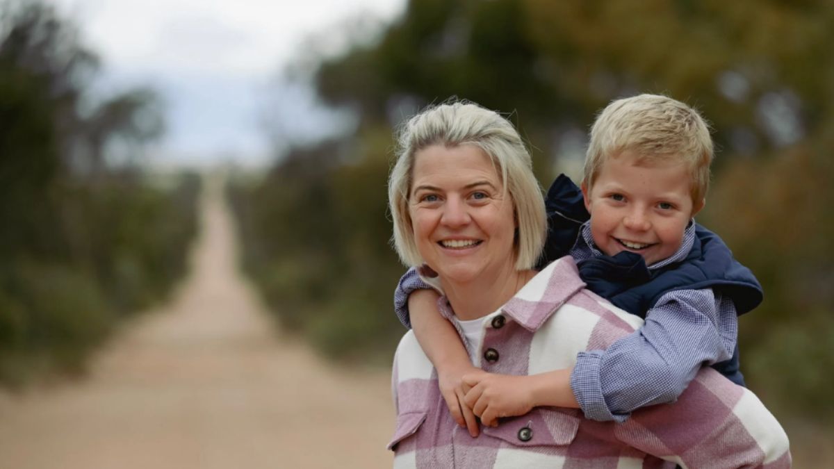 Stephanie March with her son Bill on their Yorke Peninsula farm.