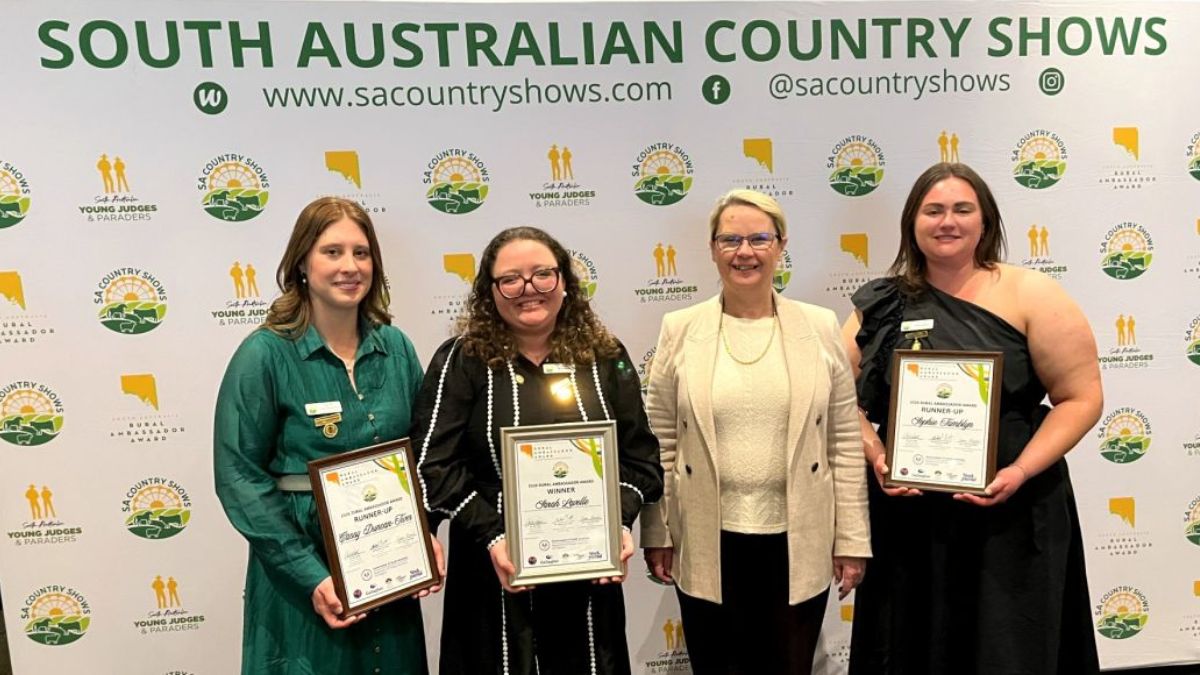 2026 SA Rural Ambassador of the Year Sarah Lavelle with first runner-up Cassy Duncan-Tiver, second runner-up Sophie Tamblyn and Minister Clare Scriven.