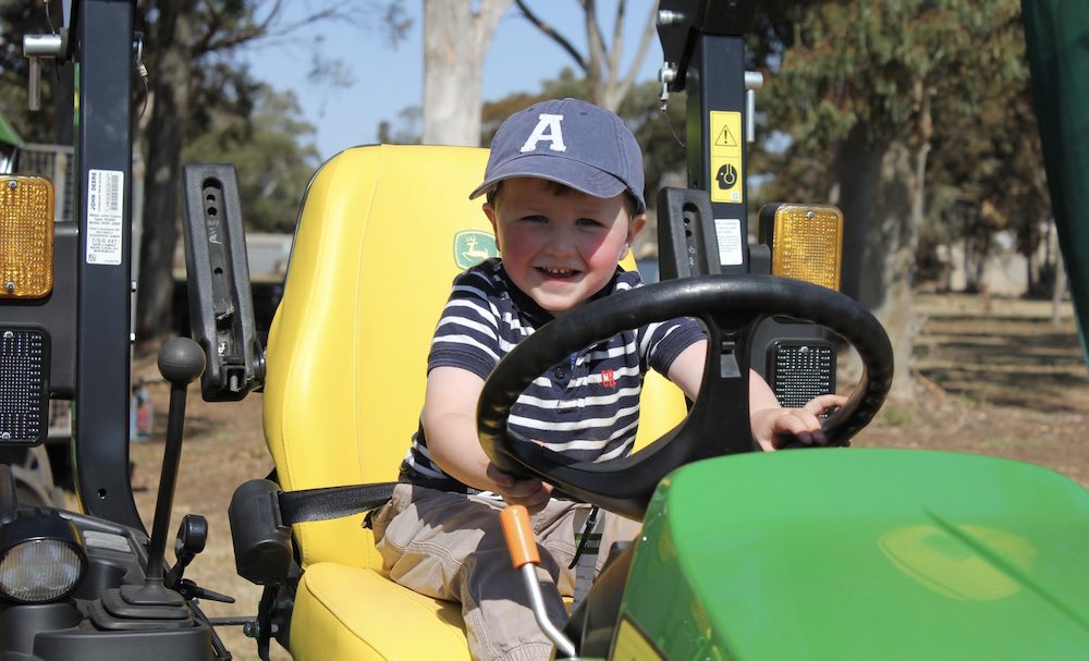 Albie Mummery tests out the machinery at the Jamestown Show.